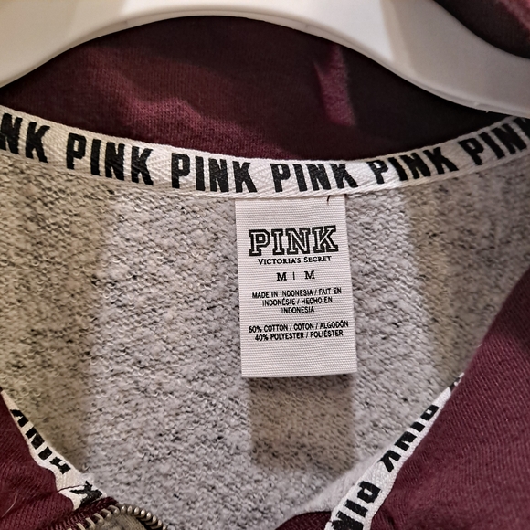 PINK Victoria's Secret Maroon & Gray Qtr Zip-Up Sweatshirt W/Kangaroo Pocket - Picture 3 of 8